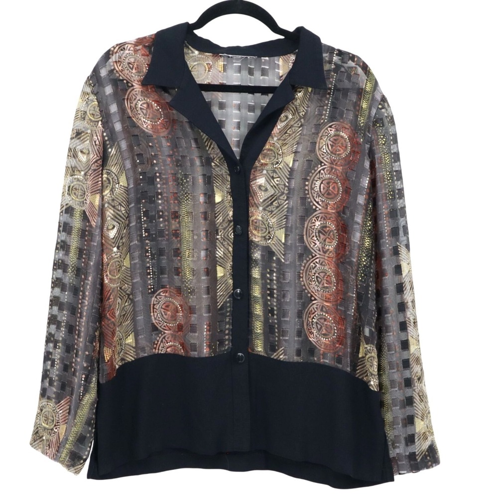 Vintage Sheer Boho Womens 14P Black Eclectic Artistic Maximalist Art‎ To Wear